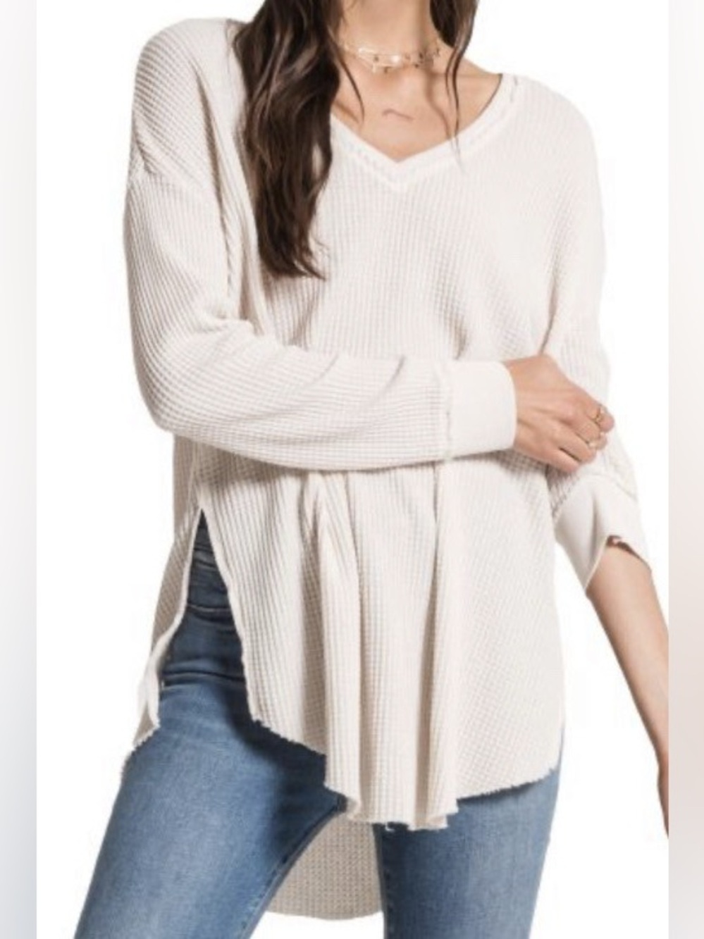 Z Supply Ivory Waffle‎ Knit V-Neck Ling Sleeve Oversized Tunic Top Size M
